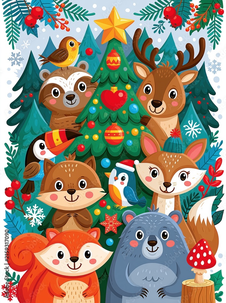 Fototapeta premium Cute forest animals celebrating Christmas around a decorated tree with festive decorations and snowy background