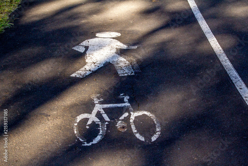 Pedestrian and cycle lane sign painted on a road in Sydney, New South Wales, Australia. Shared paths are great spaces where everyone can interact and enjoy the great outdoors.