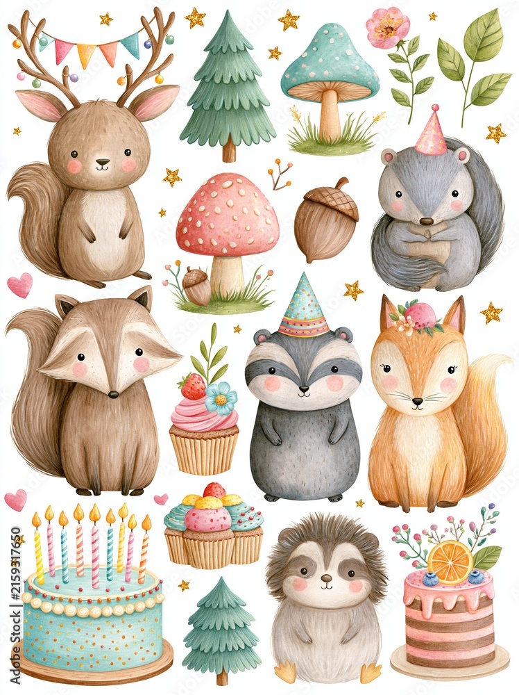 Fototapeta premium Whimsical Woodland Creatures and Festive Party Elements for Children's Celebrations