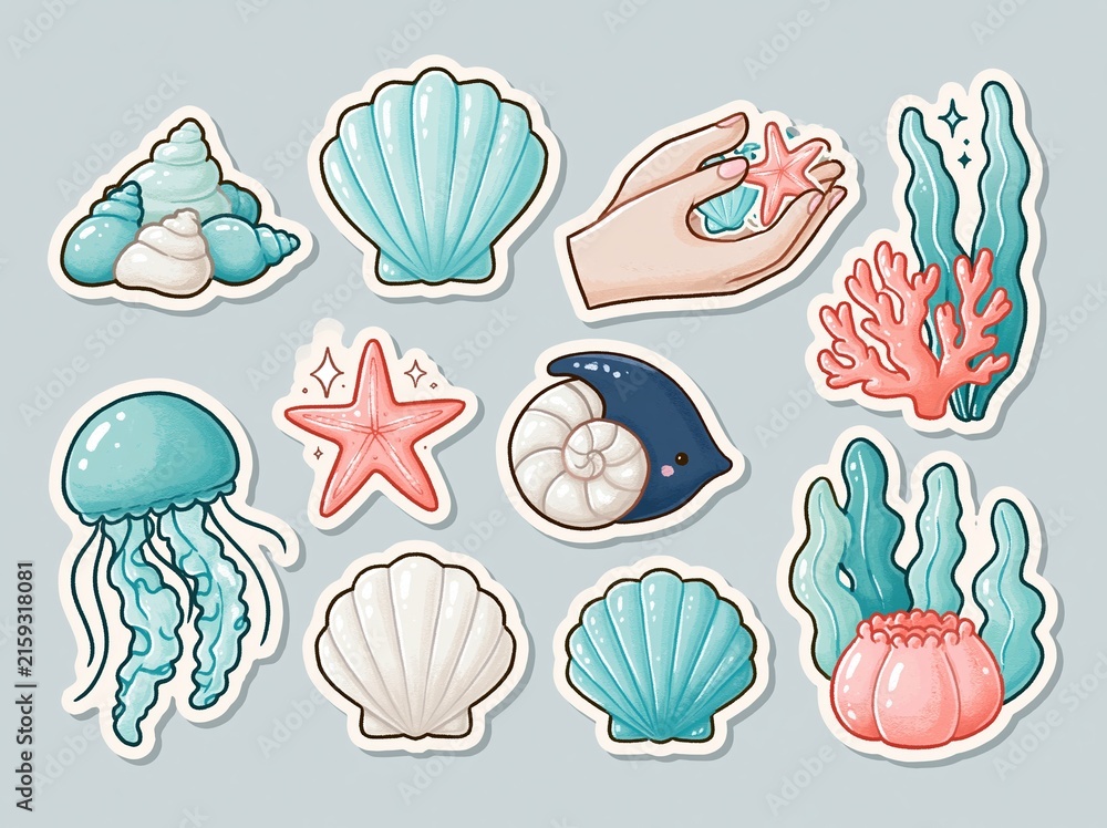 Fototapeta premium Charming Ocean Life Stickers: Seashells, Jellyfish, Starfish, and Coral Illustrations