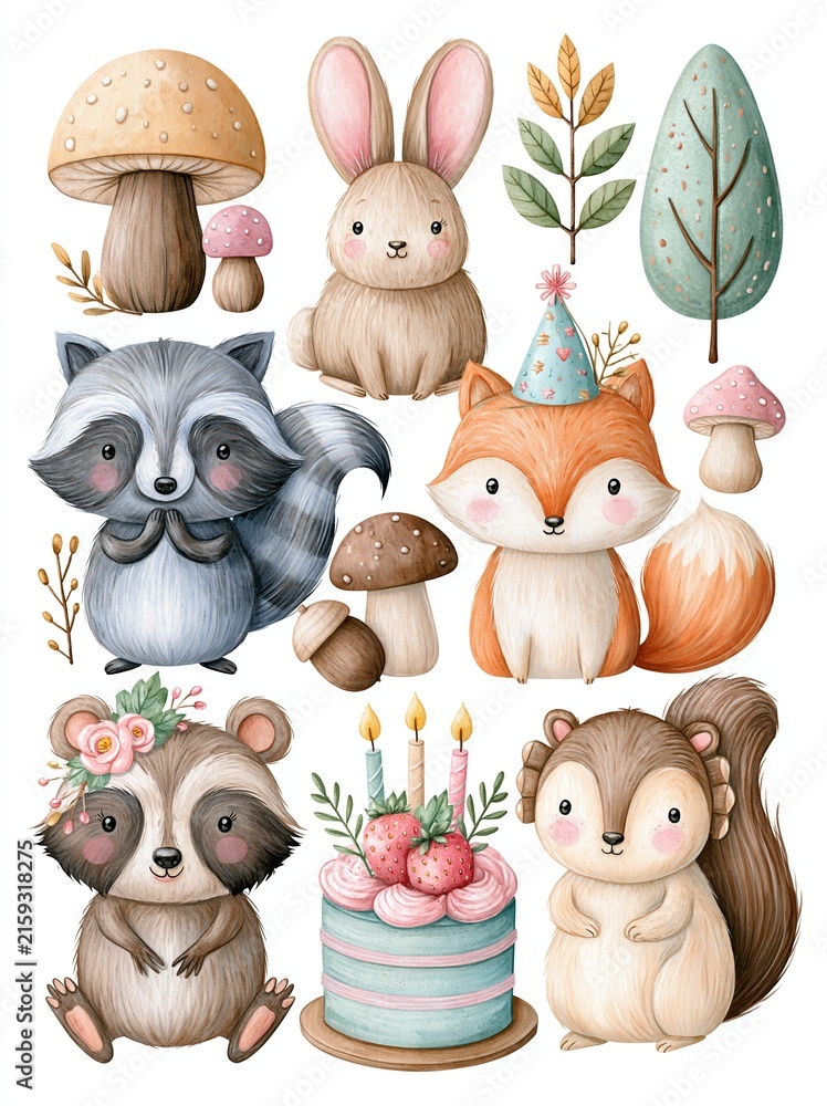 Fototapeta premium Cute Watercolor Forest Animals Celebrating Birthday with Cake and Party Hat, Whimsical Woodland Creatures
