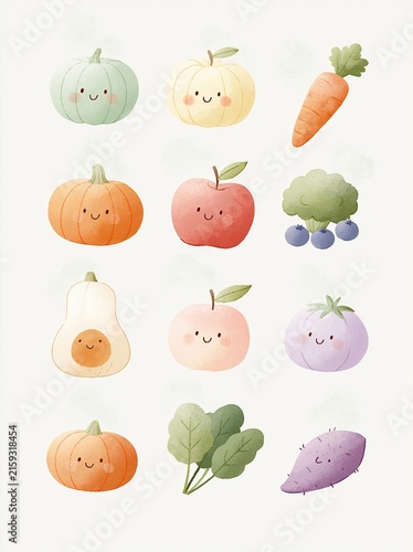 Cute Watercolor Assortment of Happy Fruits and Vegetables with Smiling Faces