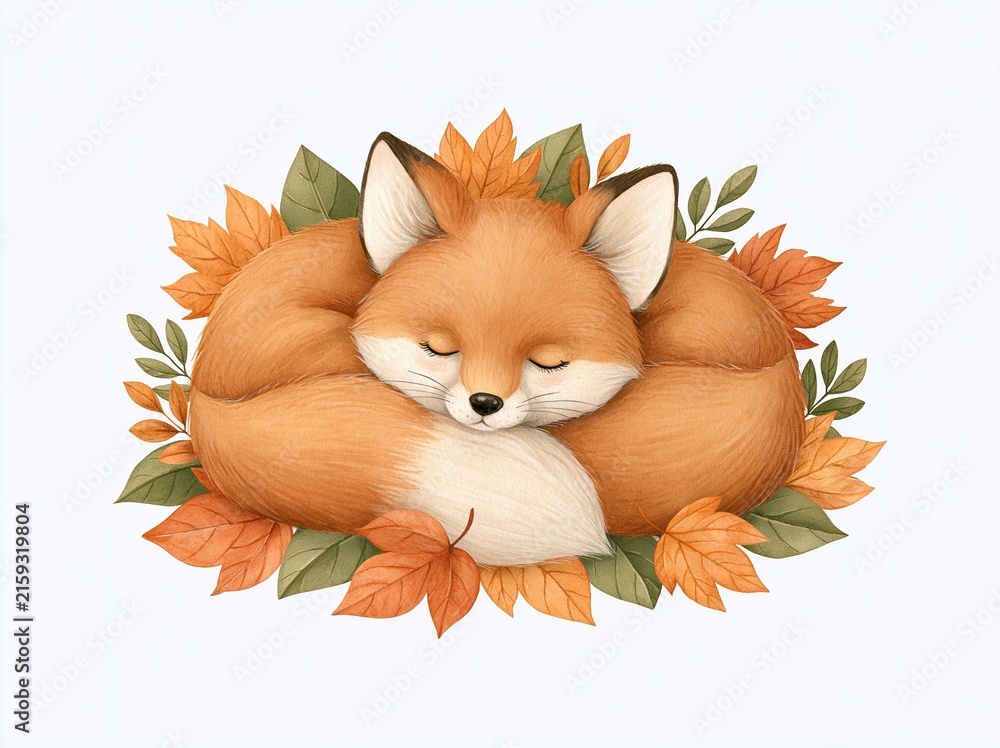 Fototapeta premium Adorable sleeping fox curled up peacefully surrounded by vibrant autumn leaves and greenery