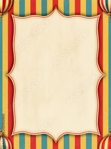 Vintage circus invitation template with colorful striped background and decorative border
