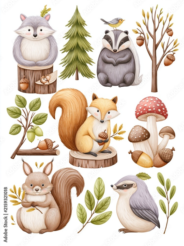 Obraz premium Charming Watercolor Woodland Creatures and Autumn Elements Collection for Children's Designs