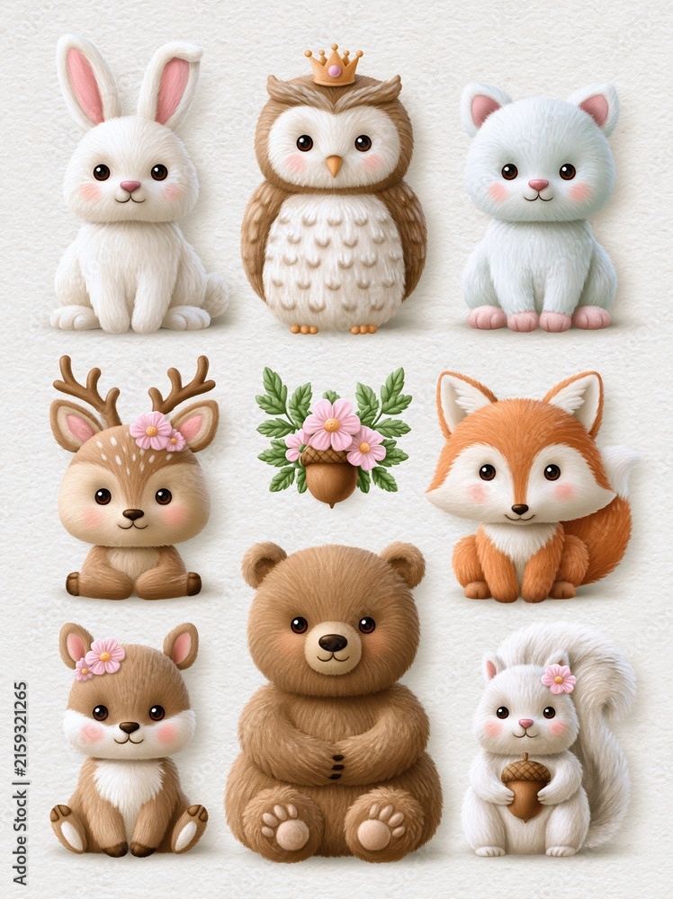 Fototapeta premium Adorable Collection of Cute Woodland Forest Animals and Acorn Illustration for Children's Designs