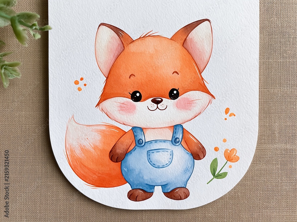 Obraz premium Adorable Watercolor Fox Cub Wearing Blue Overalls, Surrounded by Gentle Floral Elements and Soft Orange Splatters