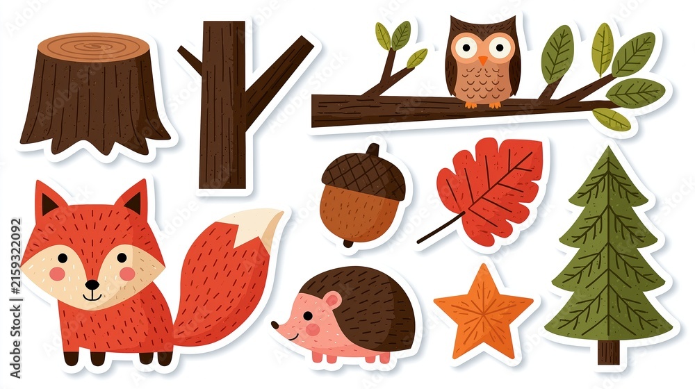 Fototapeta premium Cute Woodland Forest Animals and Nature Elements Sticker Set for Children's Designs