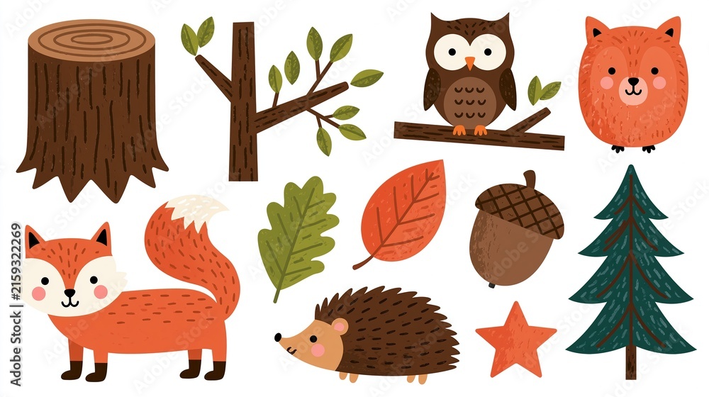 Fototapeta premium Charming Woodland Creatures and Autumn Elements Illustration with Fox, Owl, Hedgehog, and Bear