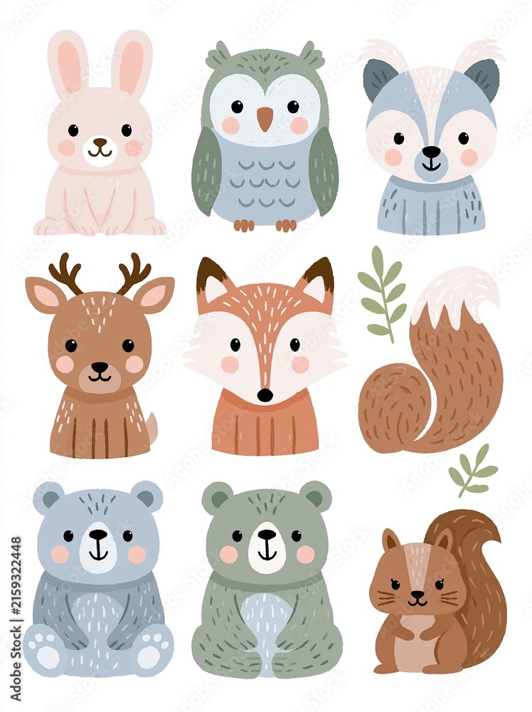 Obraz premium Adorable Woodland Creatures Collection: Cute Forest Animals Illustration for Children's Designs