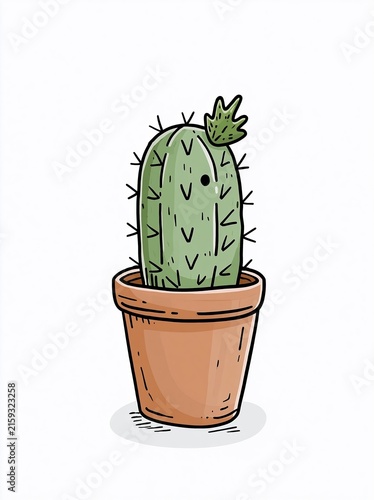 Cute cartoon potted cactus with a small sprout  isolated on white background  hand-drawn style