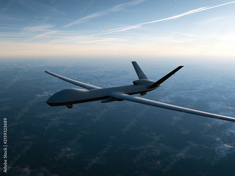 Naklejka premium Unmanned aerial vehicle flying high above the ocean under a clear sky with contrails
