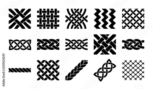 Canvas Print Celtic knot vector set, 15 black braided weave icons, geometric interlaced rope