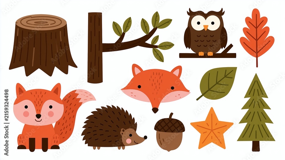 Naklejka premium Cute Woodland Forest Animals and Nature Elements Collection for Children's Designs