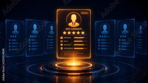 Artificial intelligence recruitment process showing a holographic projection of the best candidate profile with perfect skill match and five star rating