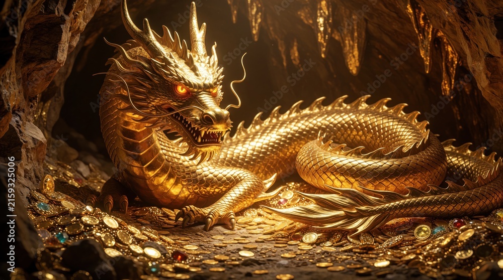 Naklejka premium Golden dragon rests on pile of coins and jewels inside dark cave. Mythical creature guards treasure hoard. Creature has orange eyes and scales.