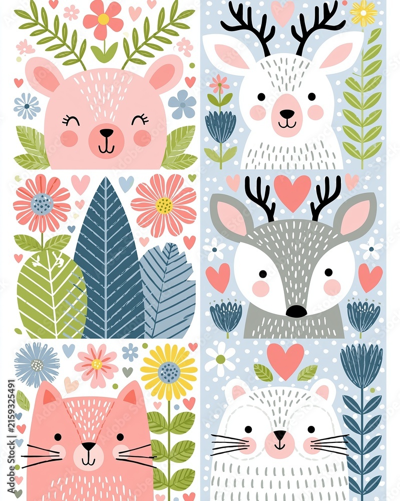 Fototapeta premium Cute Forest Animals and Floral Patterns in a Whimsical Cartoon Style