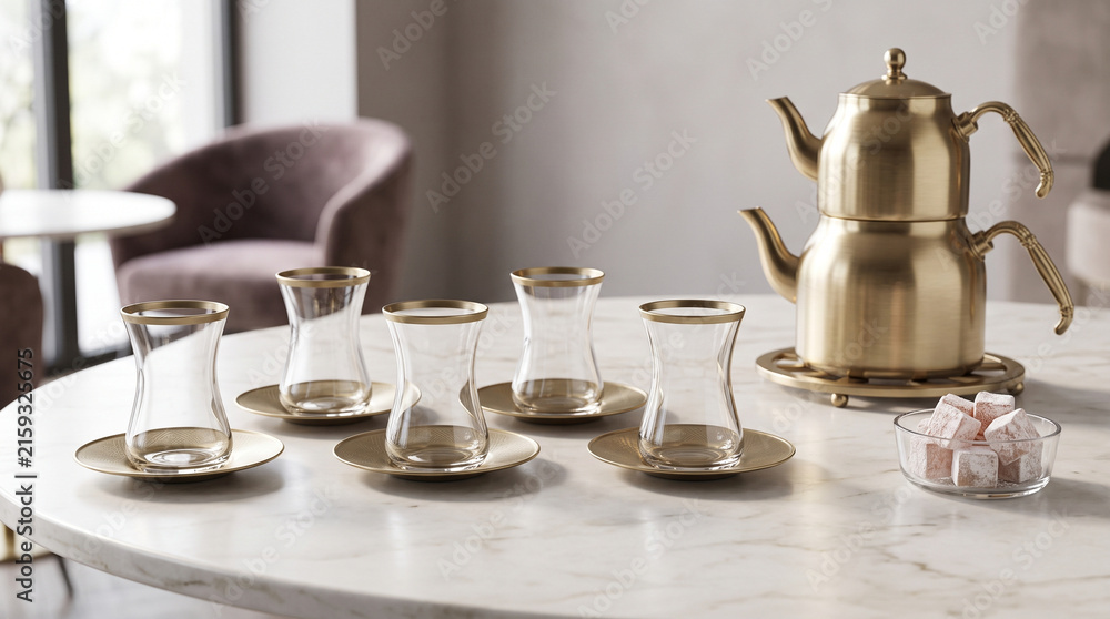 Fototapeta premium Elegant tea set with golden teapot on cafe table