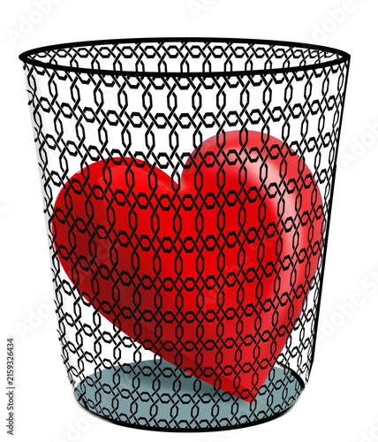Another romantic relationship ends with someone's heart destroyed and trashed in a wastebasket or trash bin. This is a 3-d illustration.
