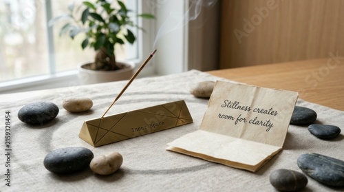 Burning incense stick in a brass holder labeled Inner Space sits near smooth stones and a note about stillness on a textured mat by a window, perfect for zen mindfulness and meditation theme setting.