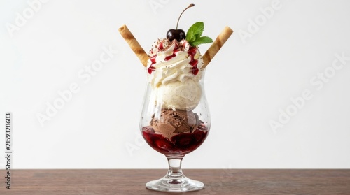 Delicious ice cream sundae with vanilla and chocolate scoops topped with whipped cream red berry syrup and a fresh cherry served in a glass on a wooden table. Perfect for an elegant dessert menu item.