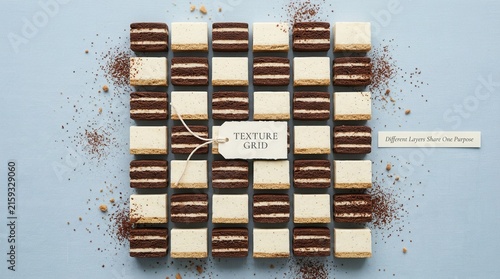 Gourmet grid arrangement of chocolate and cream layered cake slices on light blue background with cocoa powder and paper tags, showcasing precise culinary art and variety for food branding concepts