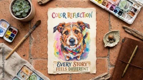 Vibrant dog watercolor painting on aged paper surrounded by paint palettes and brushes on rustic terracotta tiles, highlighting the inspirational quote every story feels different for creative people.