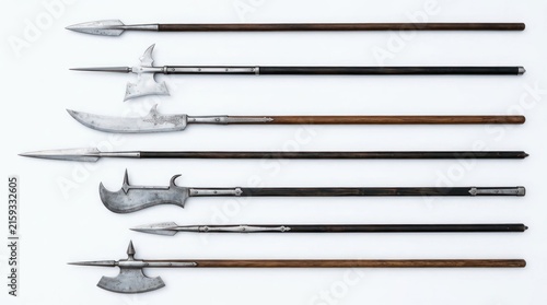 Collection of medieval polearms and spears on white background