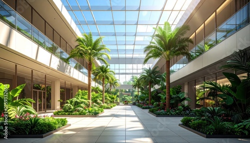 Modern shopping mall interior with lush tropical indoor garden and glass roof.