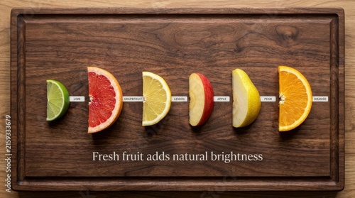 Freshly sliced lime, grapefruit, lemon, apple, pear, and orange arranged on wooden board with labels and text for healthy eating concepts and bright nutritional lifestyle inspiration for everyone here