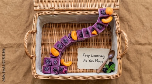 Healthy smoothie ice cubes with fresh blackberries and apricots arranged in the upward curve inside a rustic wicker basket with a motivational note saying Keep Learning As You Move and a wooden spoon.