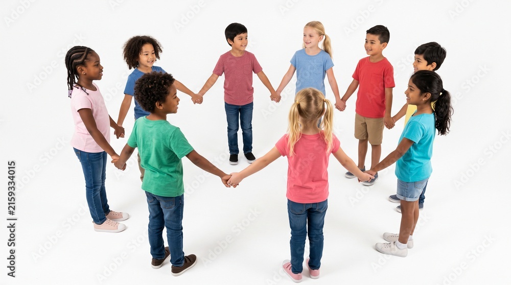 Fototapeta premium Diverse group of children holding hands in a circle smiling and playing together