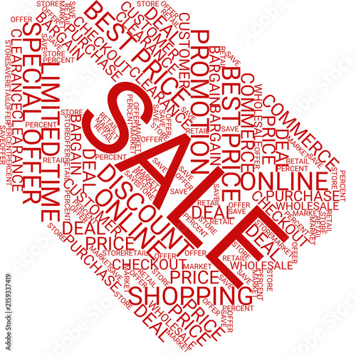 Red promotional price tag shaped word cloud concept perfect for creating eye-catching retail banners, store promotion posters, commercial flyers, and digital marketing materials for special offers