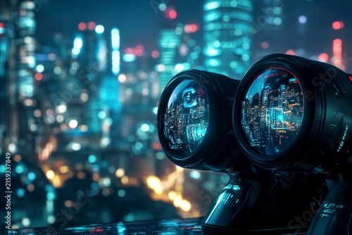Futuristic binoculars with neon cityscape reflections at night