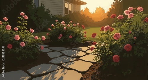 Serene Rose Garden Path Bathed In Golden Sunset Light