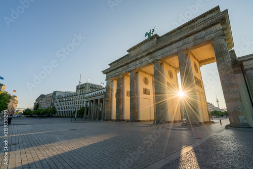 The Brandenburg Gate at sunrise. Public landmark of Berlin, Germany not protected by copyright