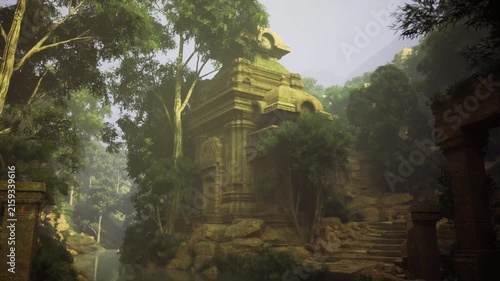 Overgrown stone temple ruins in jungle, vietnam setting with carved lintels and eroded steps, thick vines and emerald moss softening sandstone blocks, morning