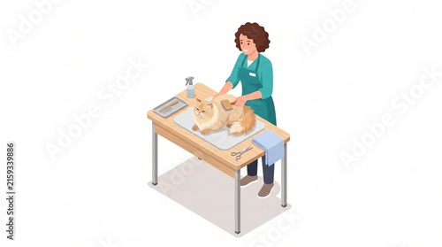 A veterinarian carefully examining a fluffy cat lying on a table.  Isolated on solid white background