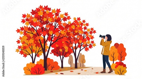 A woman with a camera takes a photo of autumn trees with vibrant red and orange leaves.  Isolated on solid white background