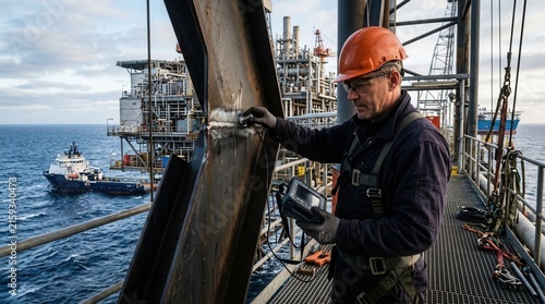 Offshore worker in hard hat performs ultrasonic testing on metal structure of oil rig with supply vessel in background at sea.