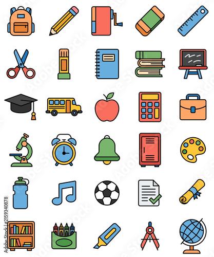 Back to school vector illustration with educational icons like backpack, school bus, pencil, and books for learning supplies.
