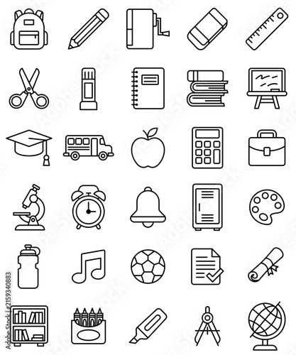Back to school vector line icon set featuring education stationery, backpack, books, pencil, and classroom supplies for student learning.