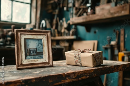 Rustic workshop with framed photo and gift on wooden table
