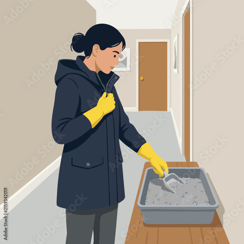 Woman sifting clay pellets in a hallway while wearing gloves and a coat