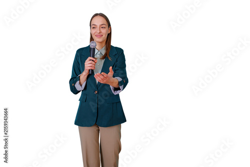 Foto Woman speaking with microphone giving a presentation or public address, communic