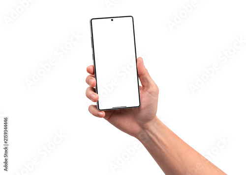 Close up of a hand holding a high-end Android smartphone with a blank screen for copy space, isolated on a transparent background. Concept for business, finance, technology and modern advertisement.