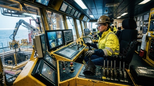Offshore worker in control room operating heavy machinery on oil rig, female engineer monitors screens and controls levers