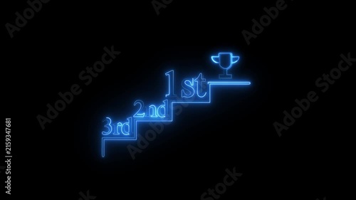 Business progress and victory. Animated steps and trophy for winner and award celebration. Digital award ceremony motion. Neon trophy animation symbolizing success and leadership.4k