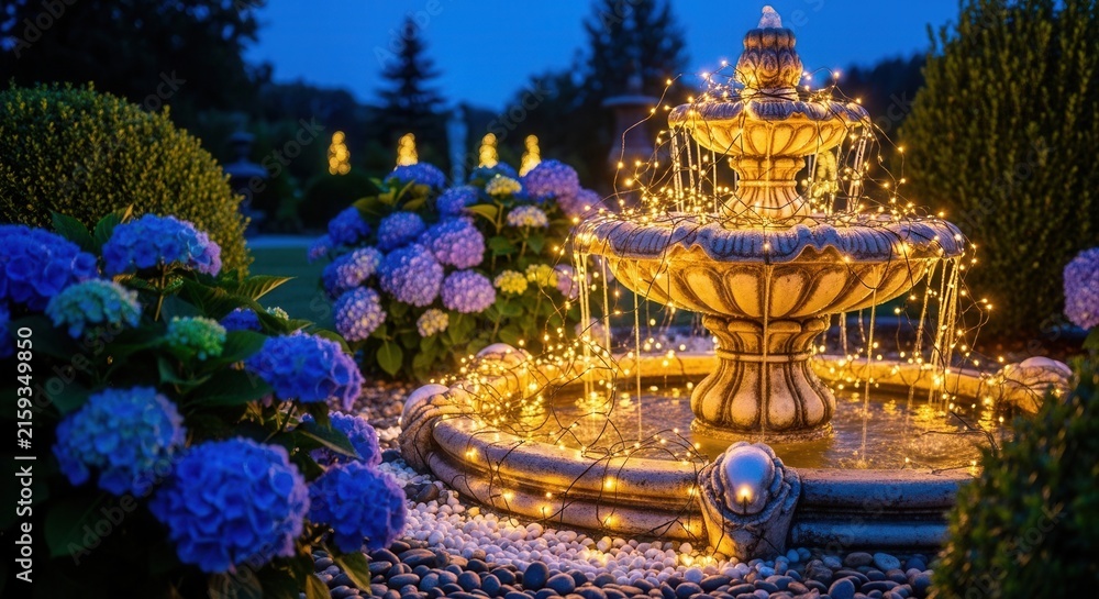 Obraz premium Enchanted Garden Fountain Draped In Twinkling Lights At Twilight