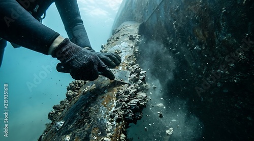Obraz na płótnie Diver cleaning barnacles from underwater structure with scraper tool